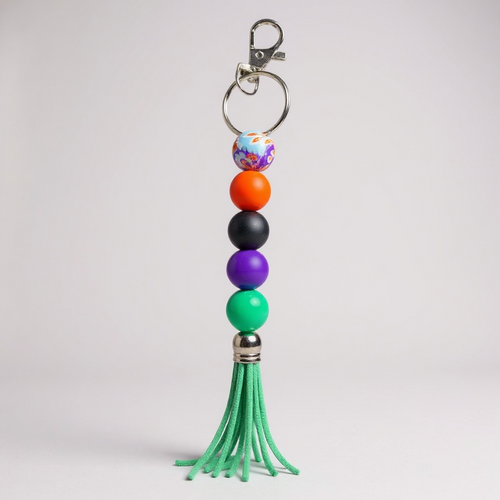 Boho Silicone Beaded Tassel Keychain – orange, black, purple and green