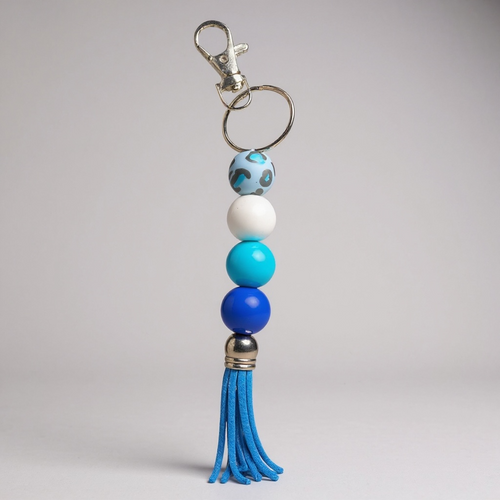Boho Silicone Beaded Tassel Keychain – blue and white