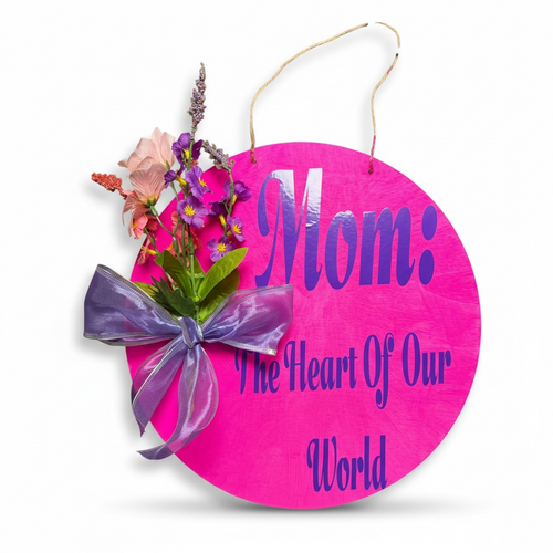 Floral ‘Mom: The Heart of Our World’ door hanger