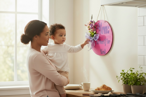 Floral ‘Mom: The Heart of Our World’ door hanger