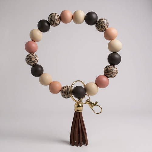 Leopard Silicone Beaded Wristlet Keychain with Tassel