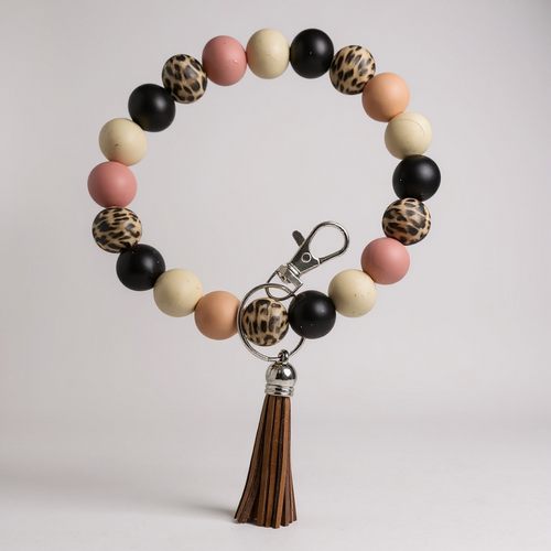 Leopard Silicone Beaded Wristlet Keychain with Tassel